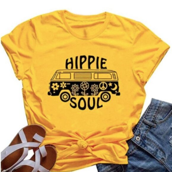 Boho Hippie Soul Van Life Fun Graphic Tee Yellow Small - Picture 5 of 6